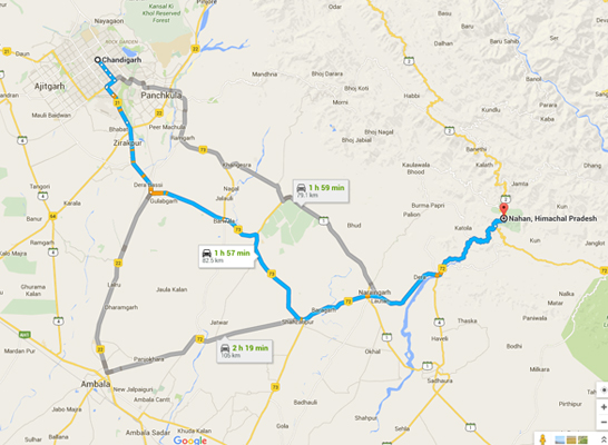Road map from Chandigarh to Writershill 